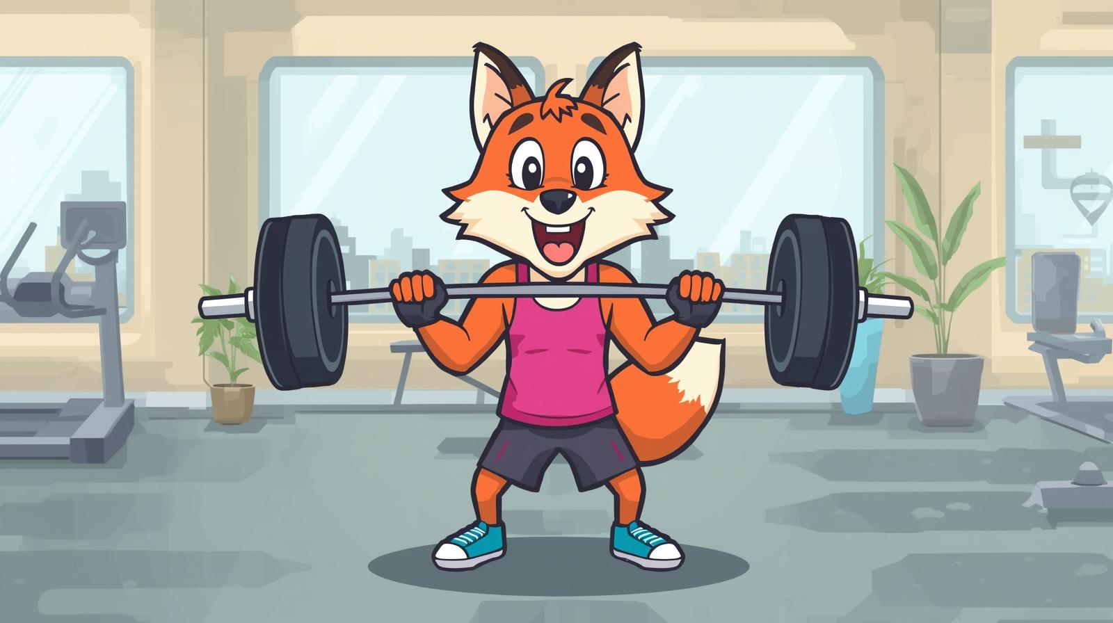 cartoon una volpe vestita da palestra che solleva pesi