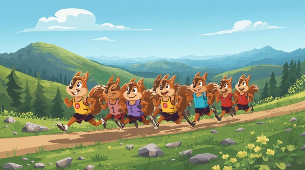 in formato cartoon tanti scoiattoli vestiti da runner che corrono insieme in montagna (1)