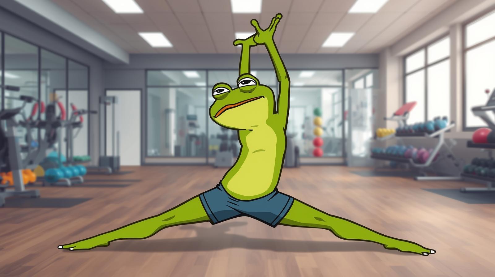in formato cartoon una rana che fa stretching in palestra